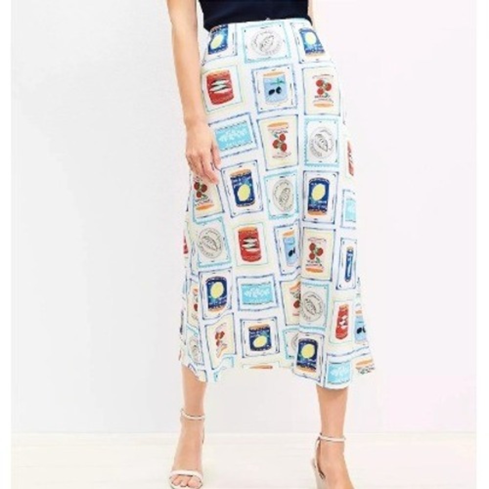 LOFT Tinned Fish Label Print Midi Skirt Women's 14 Multi-Color Coastal Whimsical